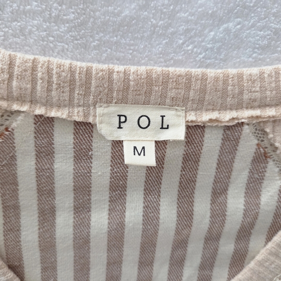 POL Striped V-Neck Top Lace Star Sleeves Balloon Brown Cream Size M NWT - Picture 7 of 12